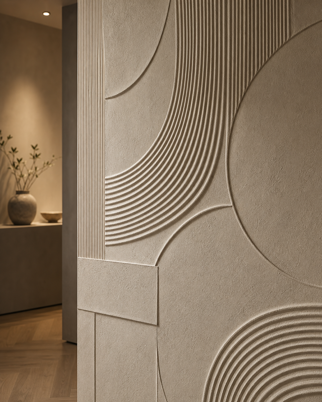 3D reliëf stuc: Architectonische schaduw, voelbare lijnen en ritme.