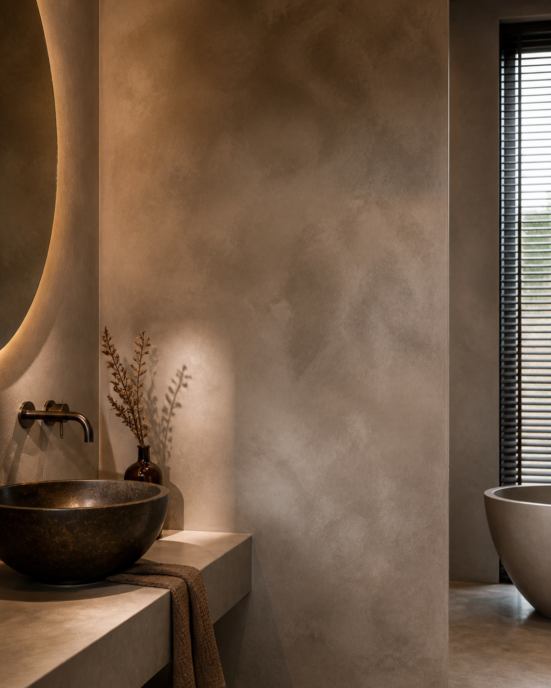 Gekleurd microcement: Wolkerig, gemengd en mat voor badkamer, wand of vloer.
